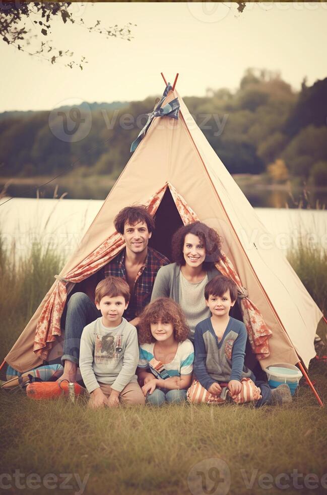 camping in de bergen. waterverf een familie in natuur landschap, berg ,avontuur, op reis caravan camping generatief ai. foto