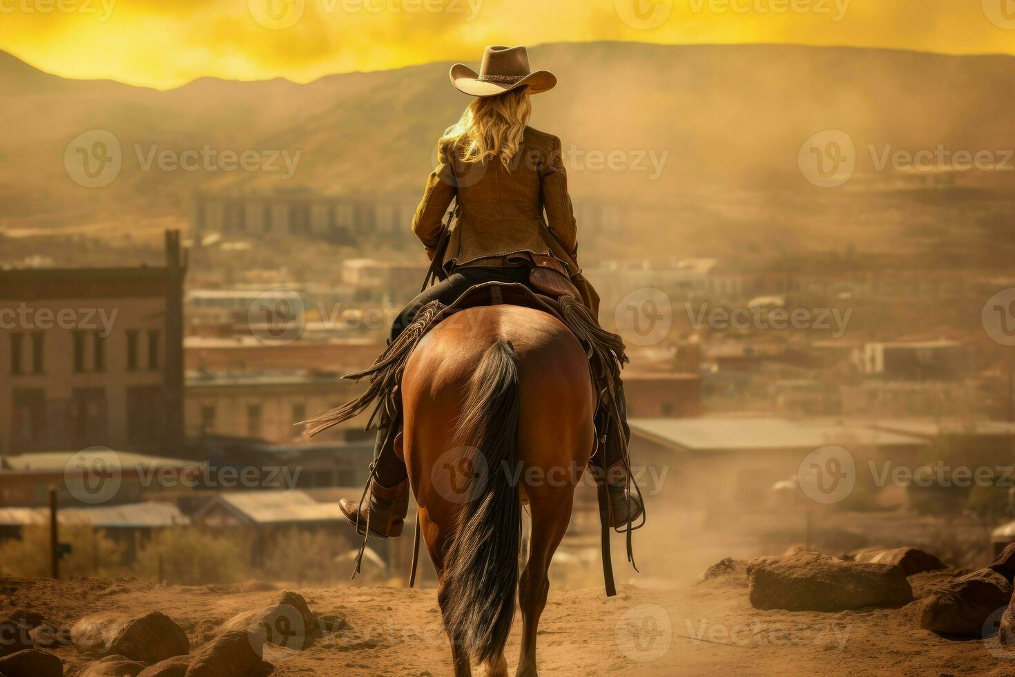 cowboy vrouw Aan paard wild westen. genereren ai foto