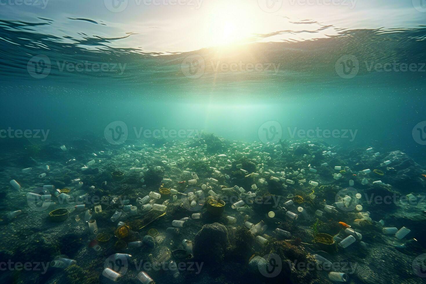 plastic water flessen oceaan zonlicht. genereren ai foto