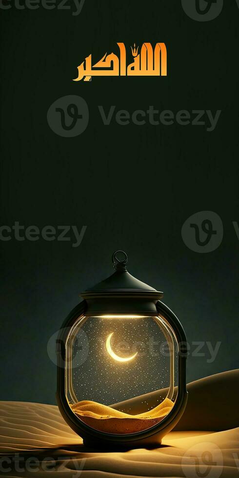 Arabisch Islamitisch schoonschrift van wens Allah is de beste en 3d veroorzaken, glimmend halve maan maan binnen lamp Aan zand duin. foto