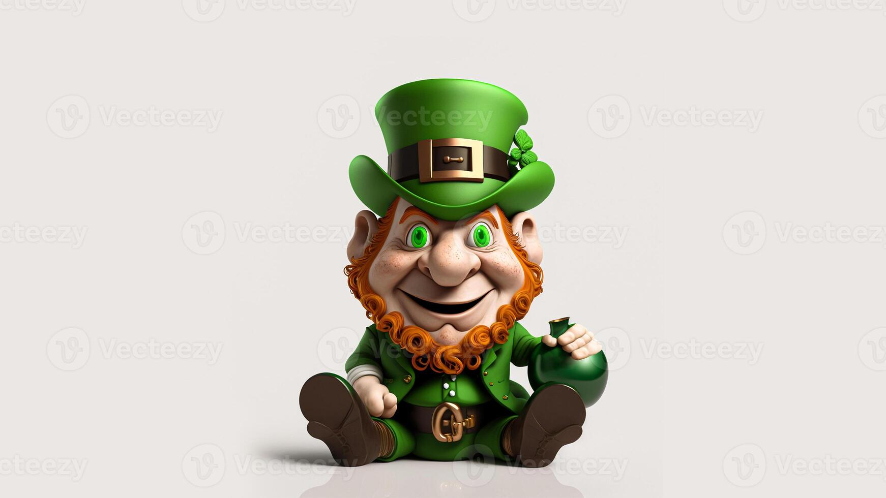 klei modellering van vrolijk elf van Ierse folklore Mens genieten van drinken in zittend houding tegen achtergrond. st. Patrick dag concept. 3d veroorzaken. foto