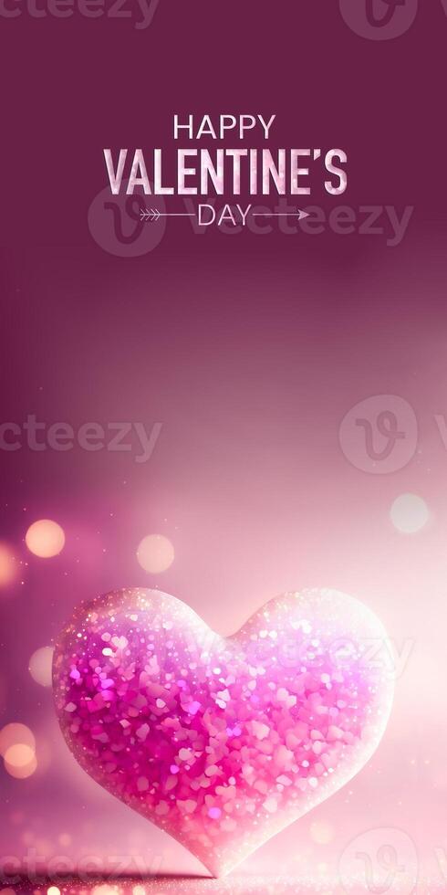 gelukkig Valentijnsdag dag tekst met 3d geven van glimmend roze glitterachtig hart vorm Aan bokeh achtergrond. foto