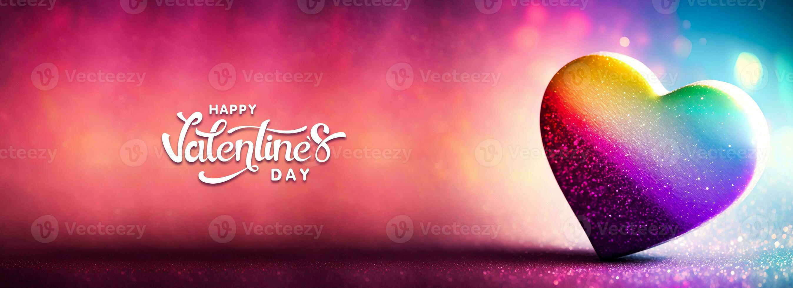 gelukkig Valentijnsdag dag tekst met 3d geven van glimmend kleurrijk glitterachtig hart vorm Aan regenboog bokeh achtergrond. foto