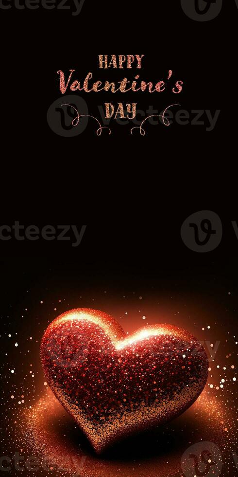gelukkig Valentijnsdag dag tekst met 3d geven van glimmend rood glitterachtig hart vorm Aan fonkeling licht achtergrond. foto