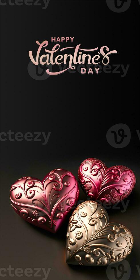 gelukkig valentijnsdag dag tekst met 3d geven van bronzen en koper etnisch harten vormen. foto