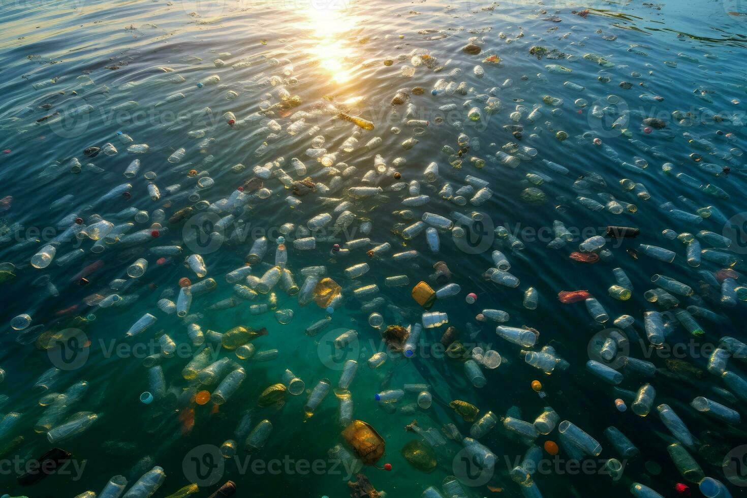 plastic water flessen oceaan zon licht. genereren ai foto