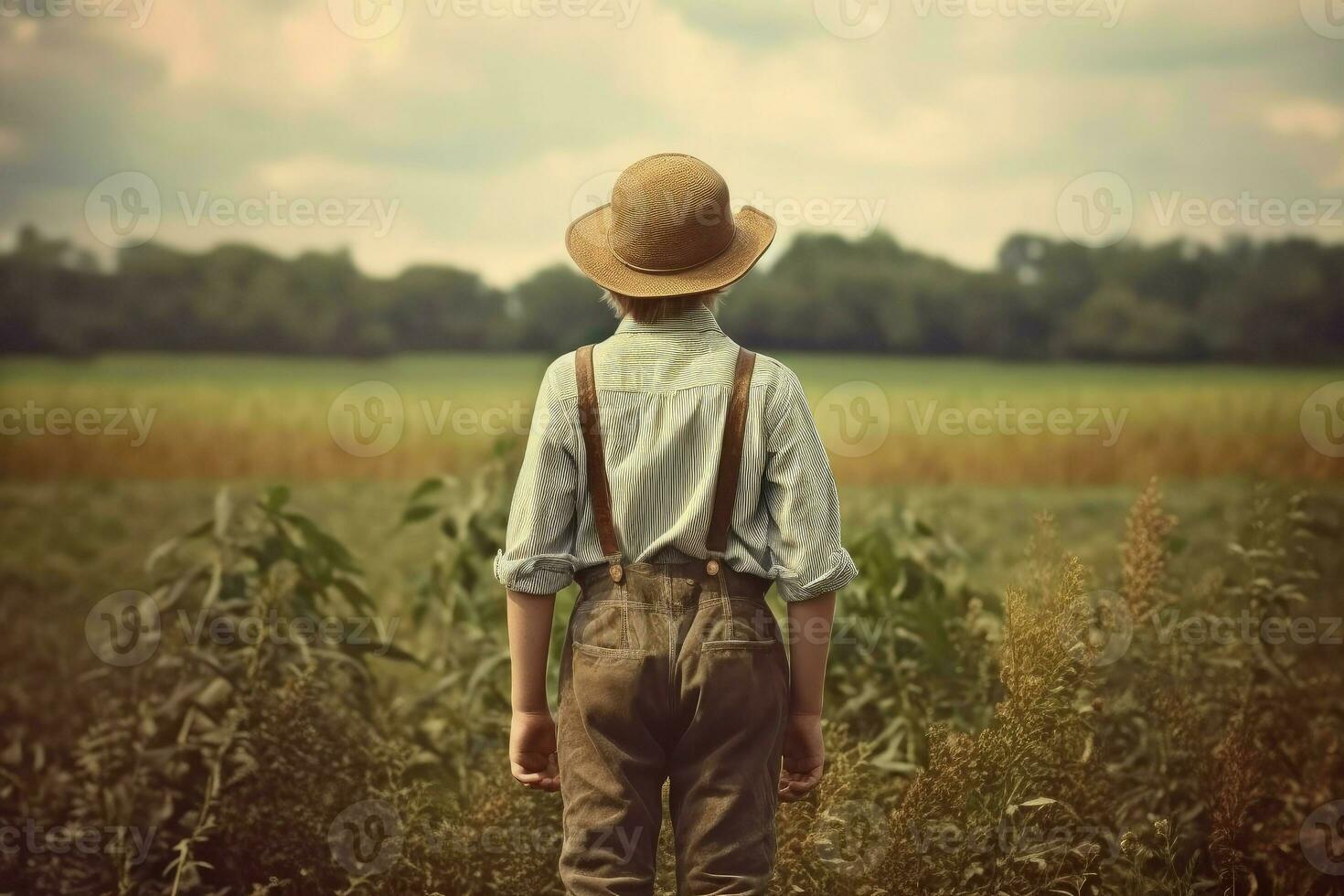 Amerikaans boer jongen Bij veld. genereren ai foto