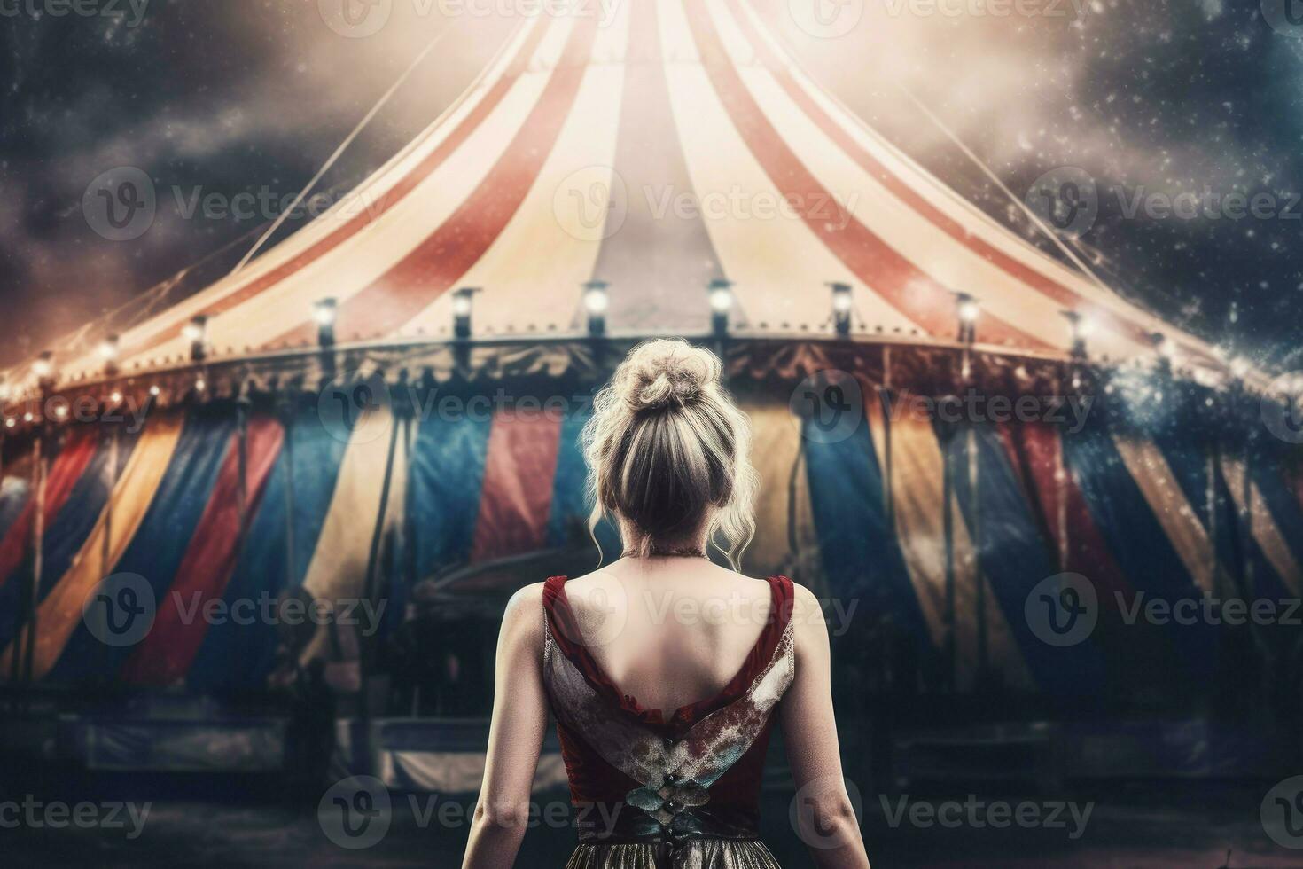 circus tent arena top vrouw uitvoerder. genereren ai foto