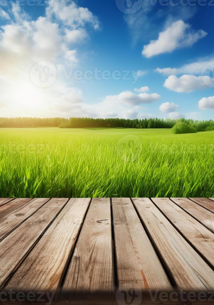 voorjaar zomer mooi achtergrond met groen sappig jong gras en leeg houten tafel in natuur buitenshuis. natuurlijk sjabloon landschap met blauw lucht en zon. ai generatief foto