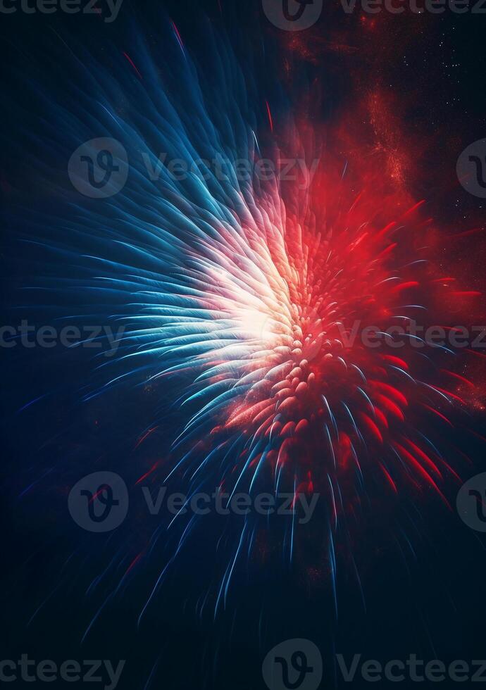blauw, rood, wit, vuurwerk, onafhankelijkheid dag abstract poster achtergrond, kopieerruimte. ai generatief foto