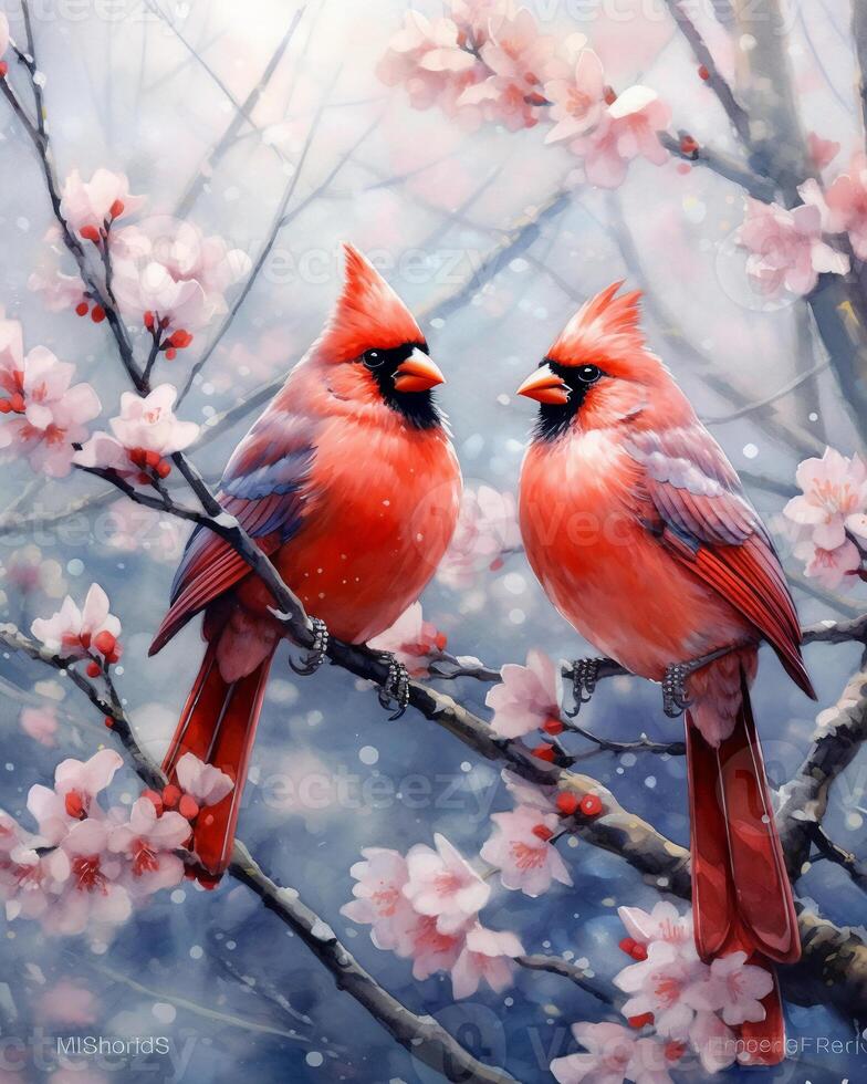 waterverf impressionist schilderij van kardinalen afbeelden. ai generatief foto