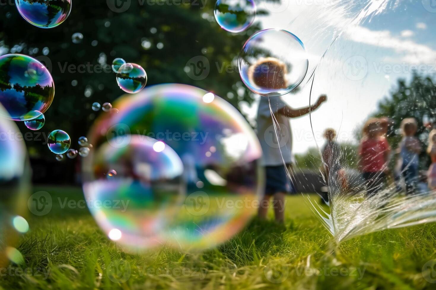 dichtbij omhoog groot bubbels wazig achtergrond van een kind poten vervelend wit kleren. ai generatief foto
