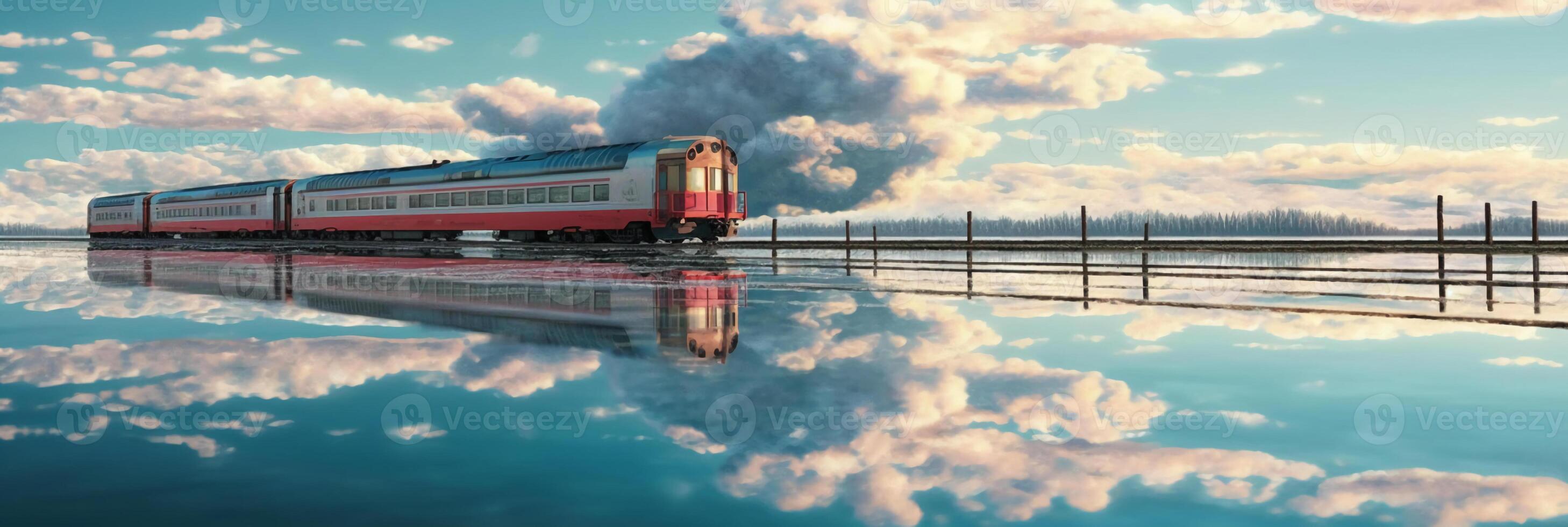 een trein is op reis Aan meer, water oppervlakte weerspiegelt de lucht. ai generatief foto