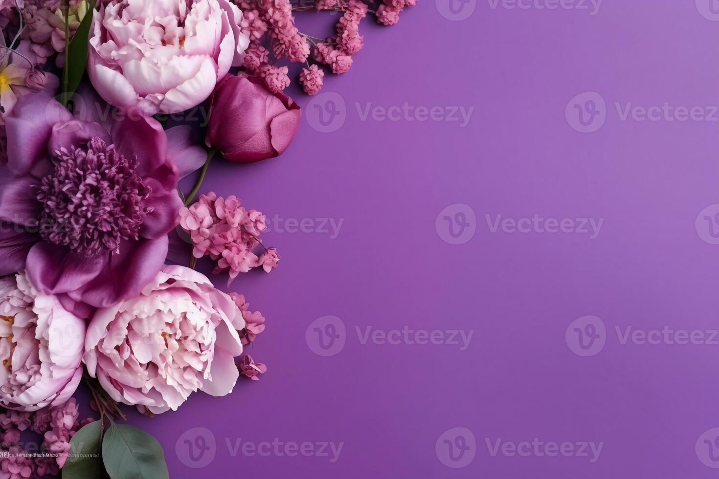 pioenrozen, rozen Aan Purper achtergrond met kopiëren ruimte. abstract natuurlijk bloemen kader lay-out met tekst ruimte. romantisch vrouwelijk samenstelling. bruiloft uitnodiging.. ai generatief foto