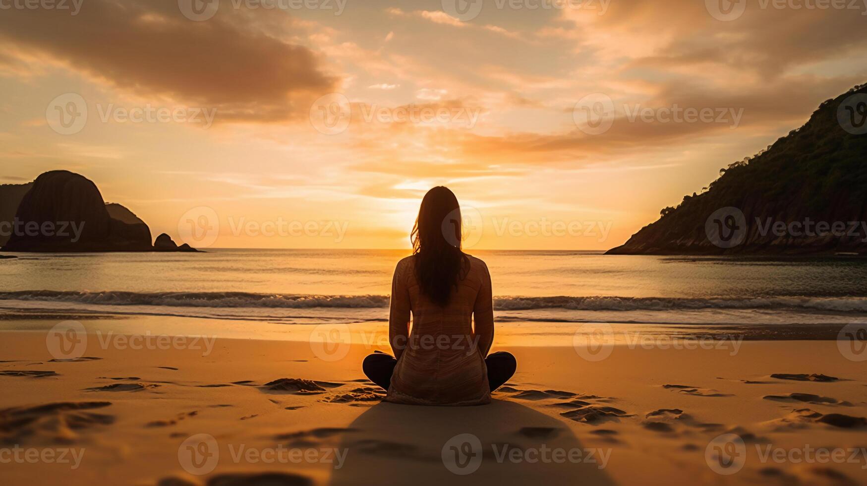 vrouw mediteren Aan de strand Bij zonsondergang. ai generatief foto