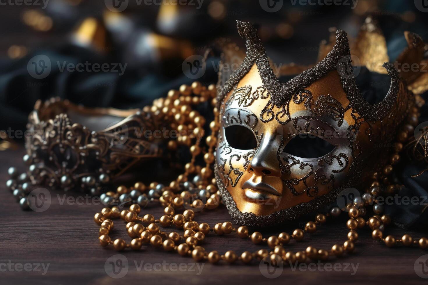 Venetiaanse carnaval masker en kralen decoratie. mardi gras achtergrond. ai generatief foto