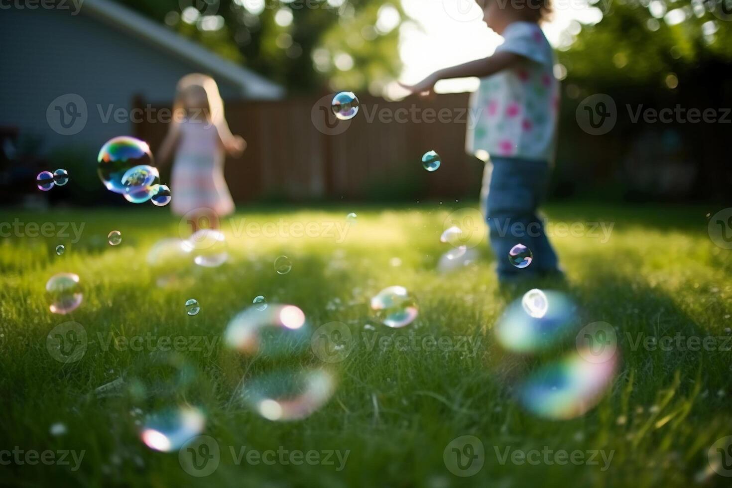 dichtbij omhoog groot bubbels wazig achtergrond van een kind poten vervelend wit kleren. ai generatief foto