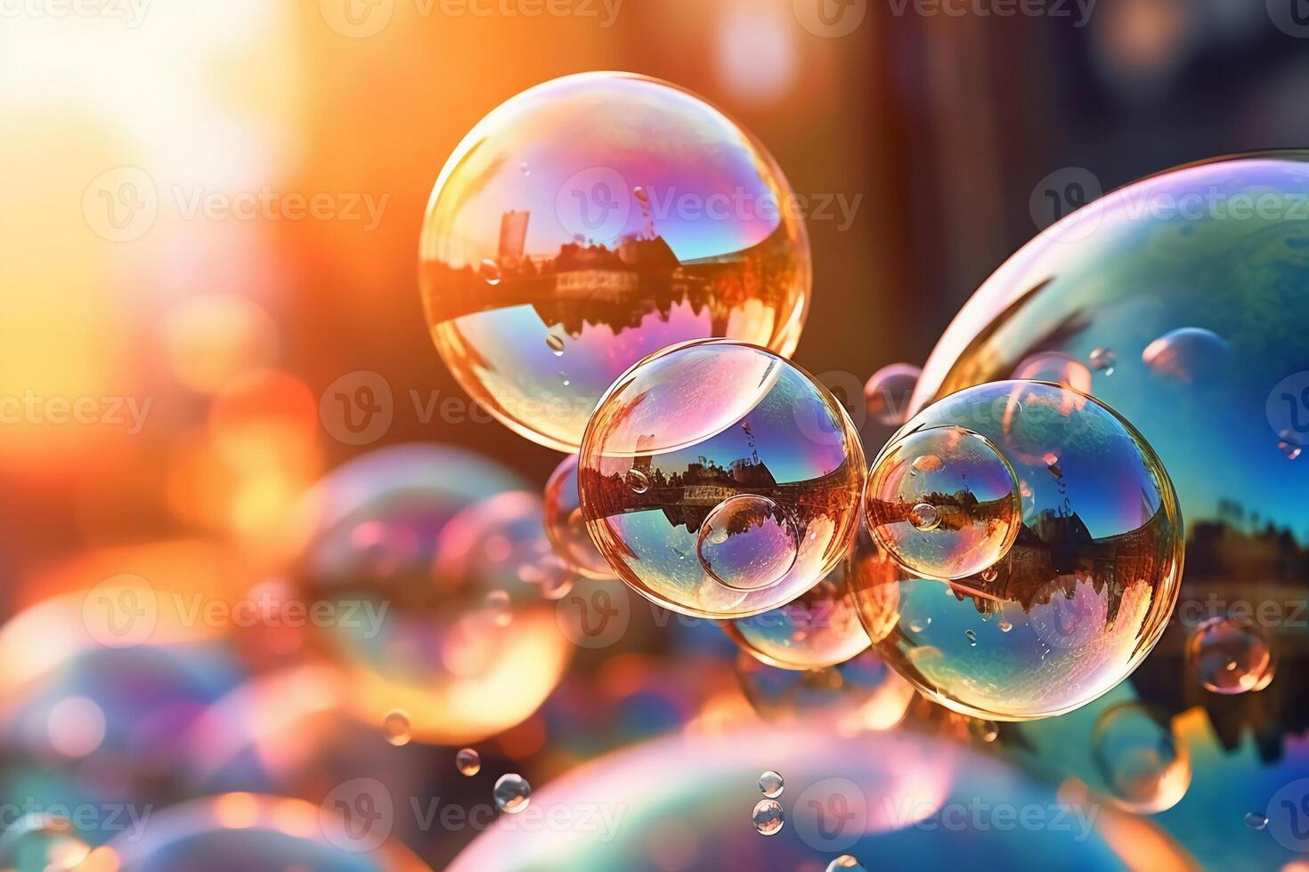 zeep bubbels tegen een wazig licht achtergrond. ai generatief foto