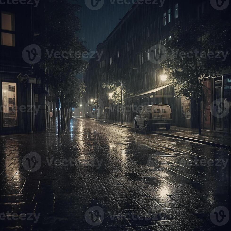 zwaar regen en donker nacht in de stedelijk. ai generatief foto