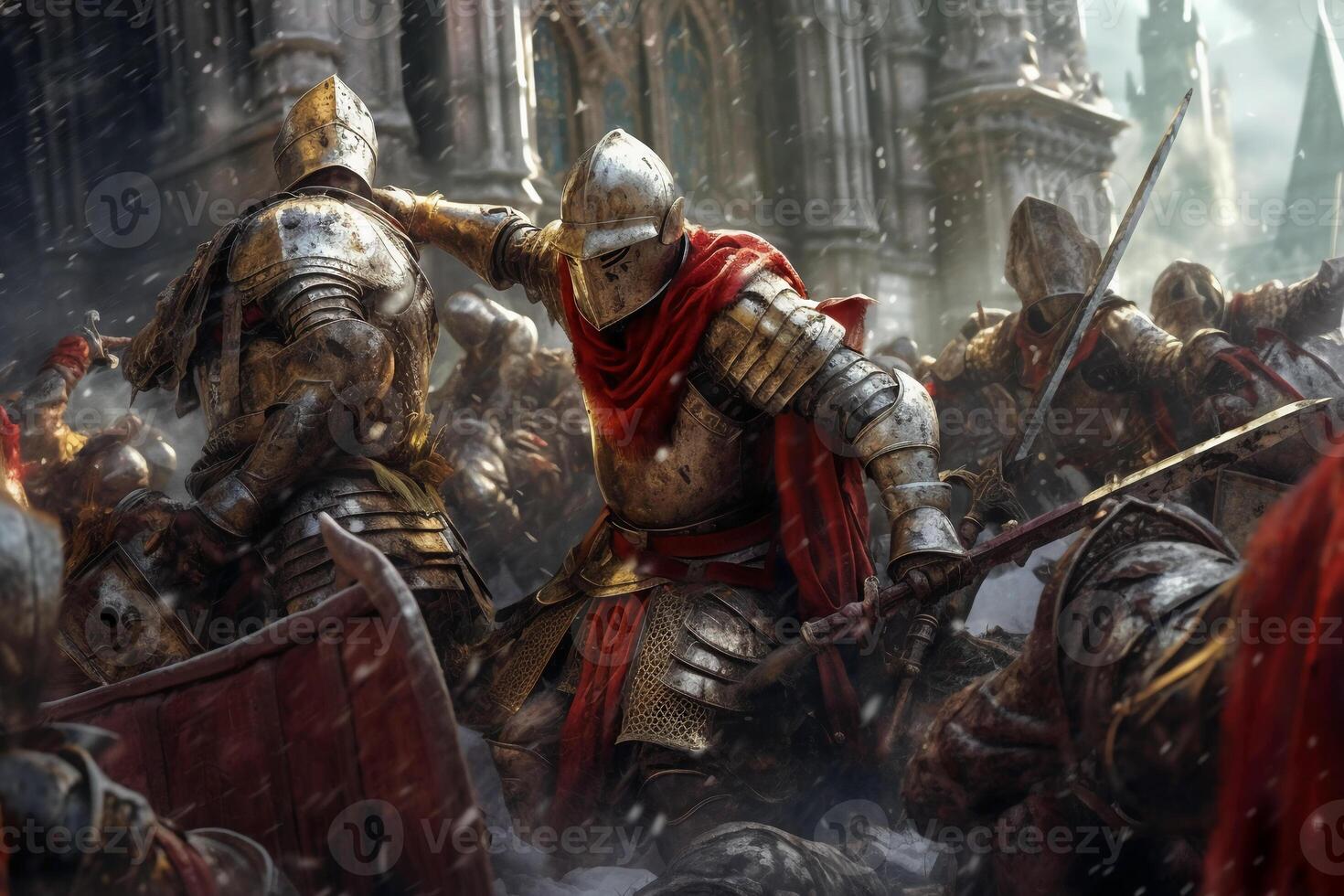 ridders in schild vechten sommige andere karakters. ai generatief foto