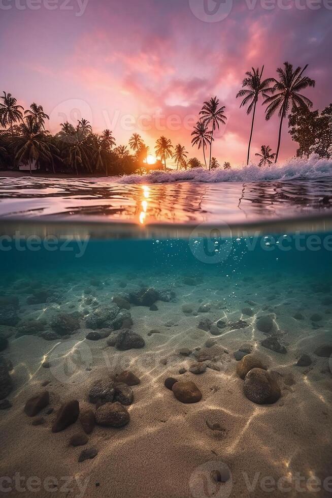 fotograaf van mooi uitnodigend strand tafereel met roze zonsondergang lucht. ai generatief foto