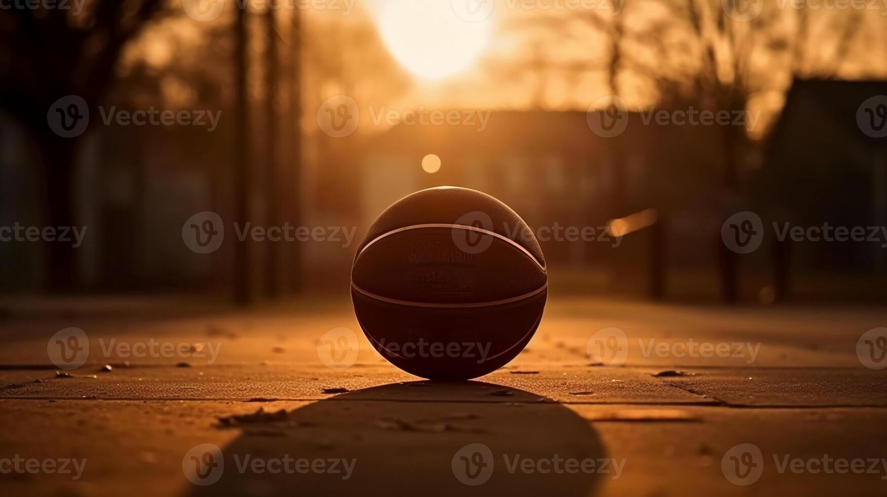 een foto van een basketbal Aan een rechtbank Bij zonsondergang,. ai generatief