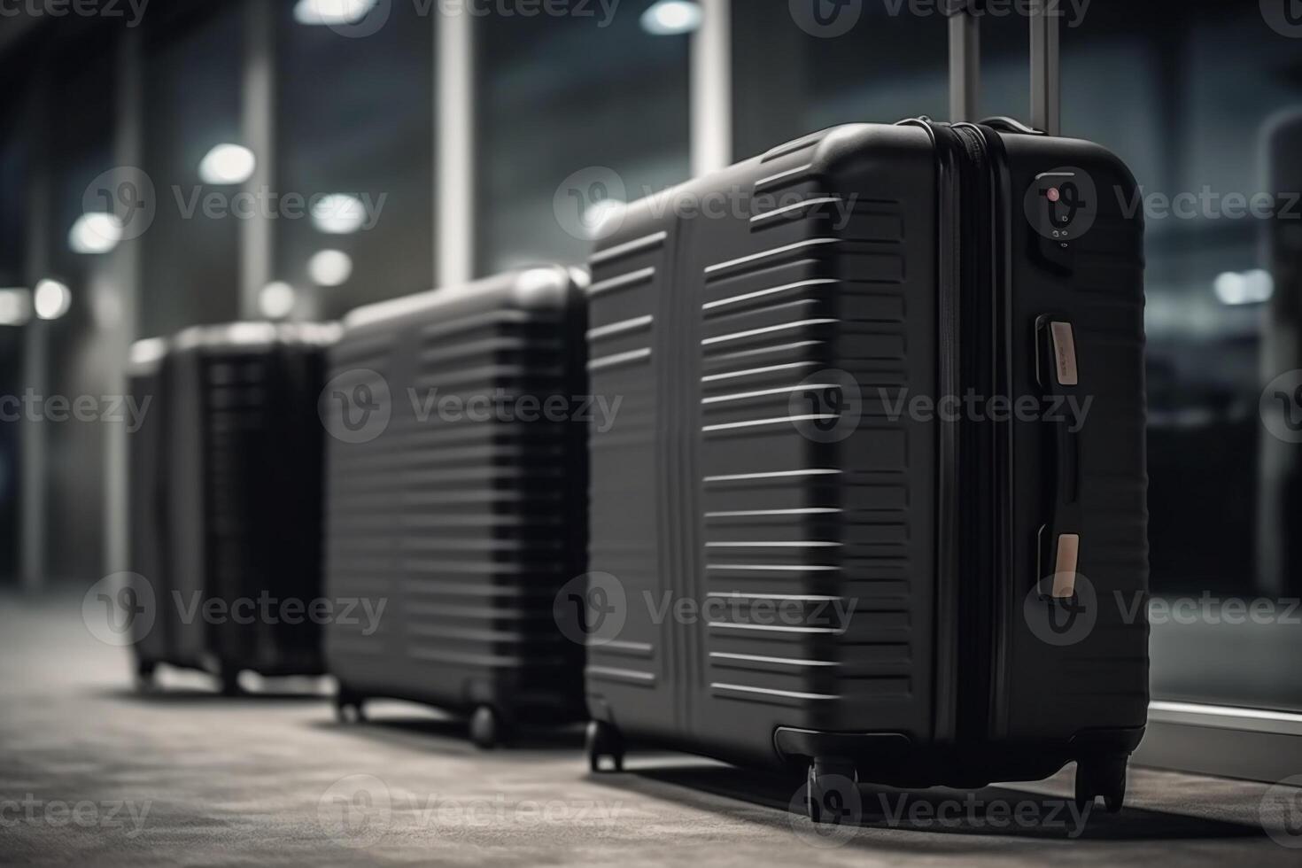 bagage koffers Bij de luchthaven breed banier met kopiëren ruimte Oppervlakte voor vakanties en vakantie reizen concepten. ai generatief foto