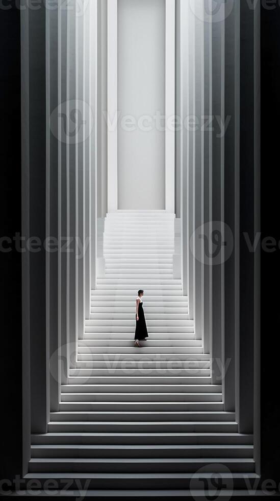 een vrouw is wandelen naar beneden een wit trappenhuis. ai generatief foto