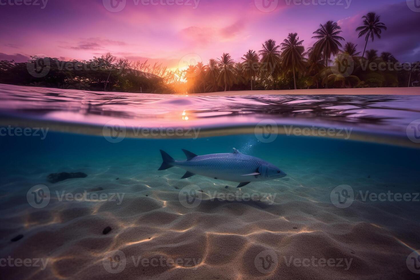 fotograaf van mooi uitnodigend strand tafereel met Purper zonsondergang lucht. ai generatief foto