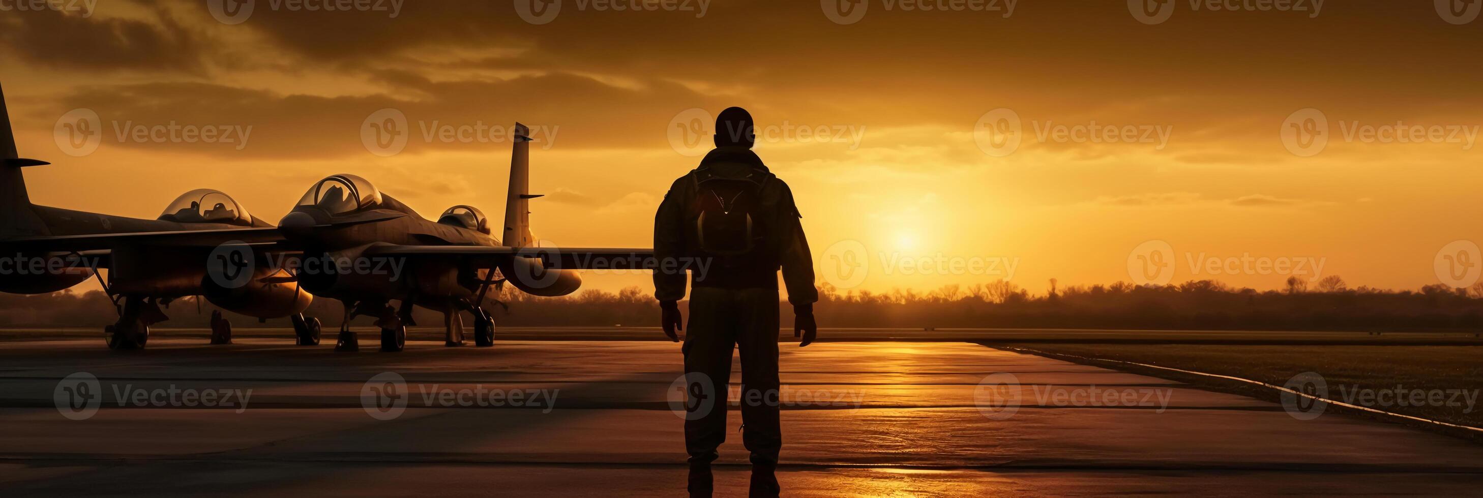 zonsondergang verlicht visie van leger vechter Jet piloot naast geparkeerd leger luchtmacht vlak De volgende naar kazerne of hangar net zo breed banier met copyspace Oppervlakte voor wereld oorlog conflicten. ai generatief foto