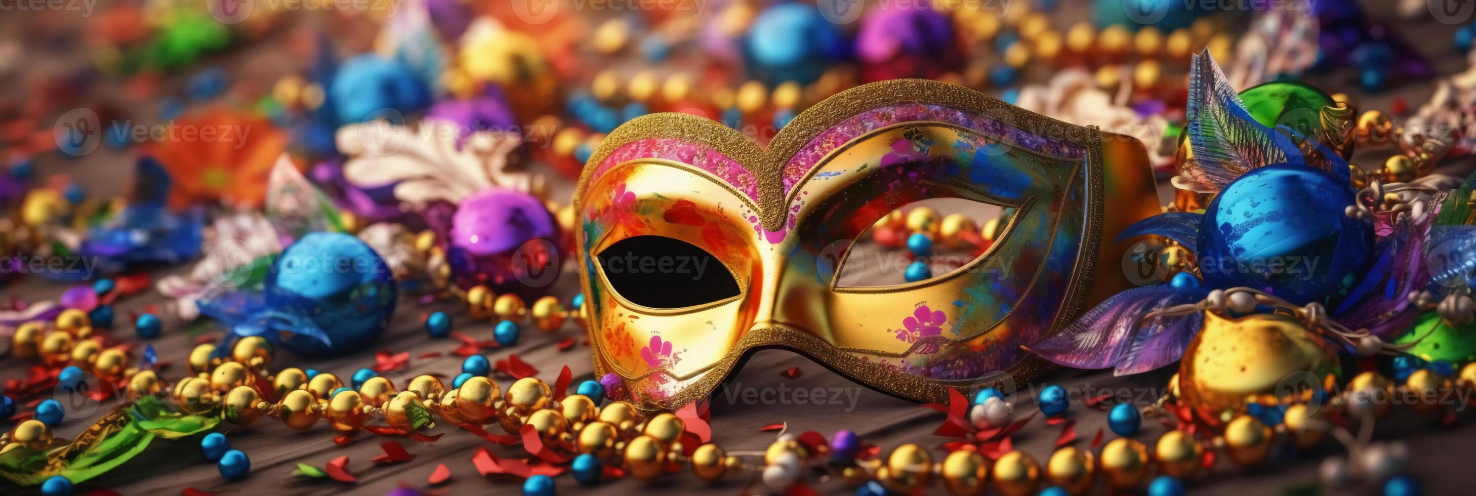 Venetiaanse carnaval masker en kralen decoratie. mardi gras achtergrond. ai generatief foto