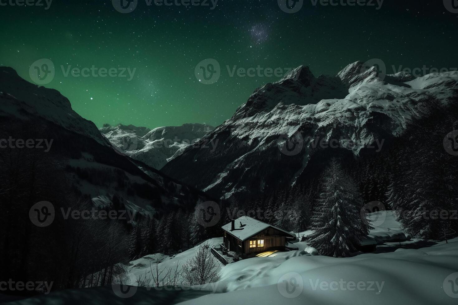 Aurora, Zwitsers Alpen, ster, sneeuw, winter. ai generatief foto