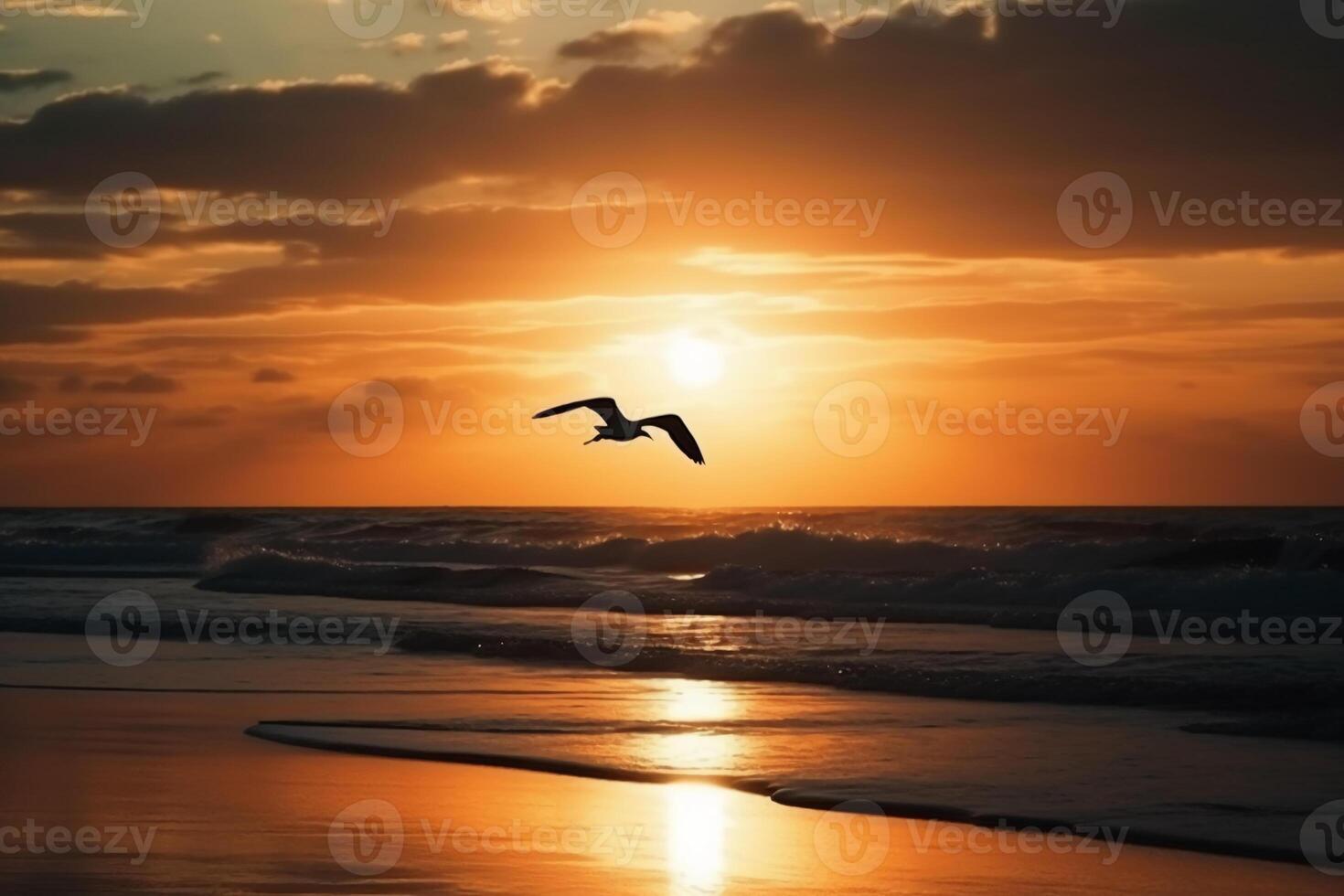 een vliegend zeemeeuw silhouet in zonsondergang lucht en strand. ai generatief foto