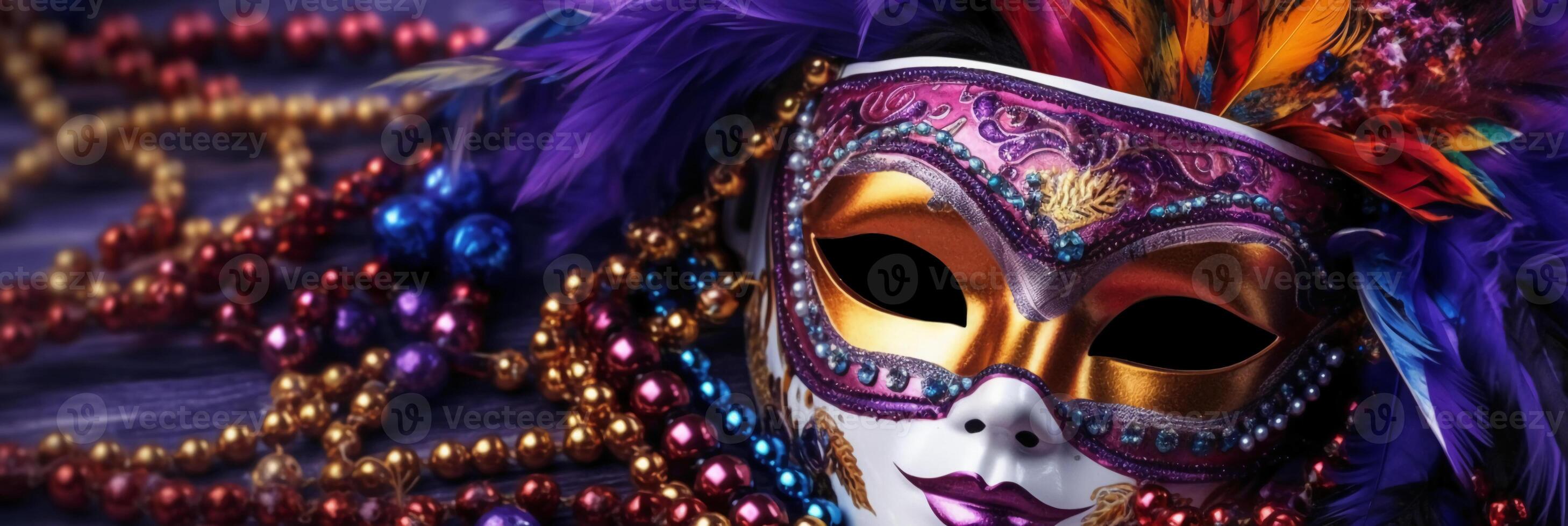 Venetiaanse carnaval masker en kralen decoratie. mardi gras achtergrond. ai generatief foto