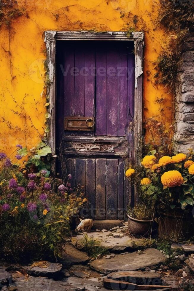 beeld van een steen deur met planten en geel deur. ai generatief foto