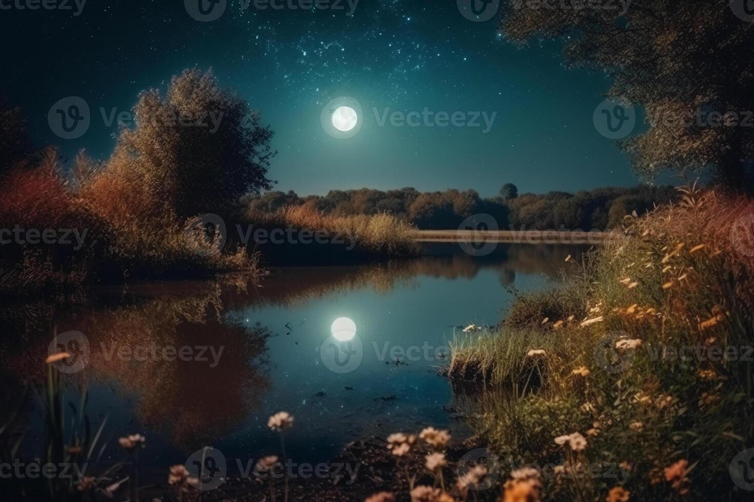 nacht landschap milieu oogst maan over- een glinsterende meer weelderig vegetatie berken hout bomen, bloemen, magisch galaxy.ai generatief foto