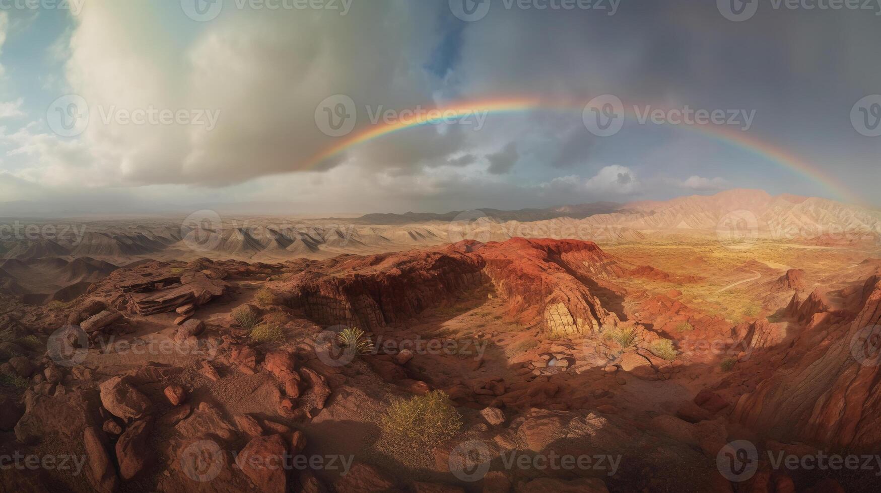 regenboog lucht, rood zee van steen. ai generatief foto