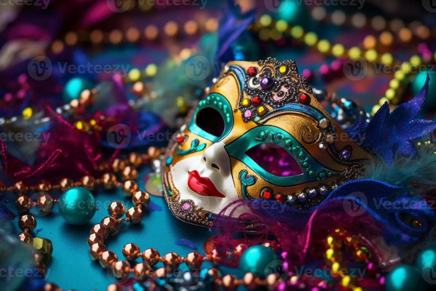 Venetiaanse carnaval masker en kralen decoratie. mardi gras achtergrond. ai generatief foto