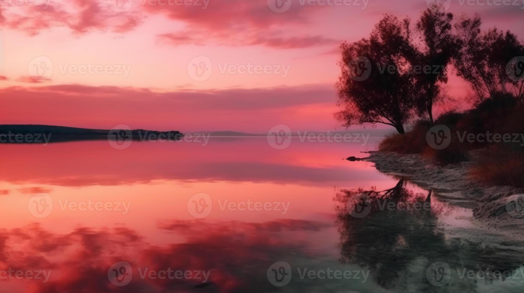 een tafereel in welke de geheel roze lucht is weerspiegeld in de water. ai generatief foto