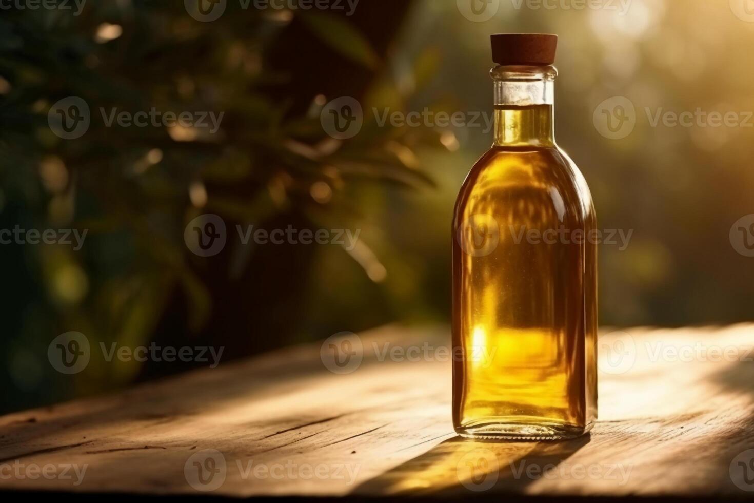 gouden olijf- olie fles Aan houten tafel olijf- veld- in ochtend- zonneschijn. ai generatief foto