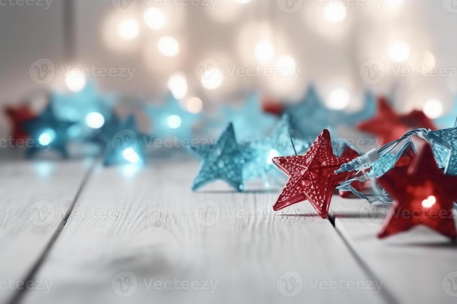 Kerstmis achtergrond met blauw licht lichtgevend slingers en rood sterren Aan een wit houten achtergrond met kopiëren ruimte. ai generatief foto