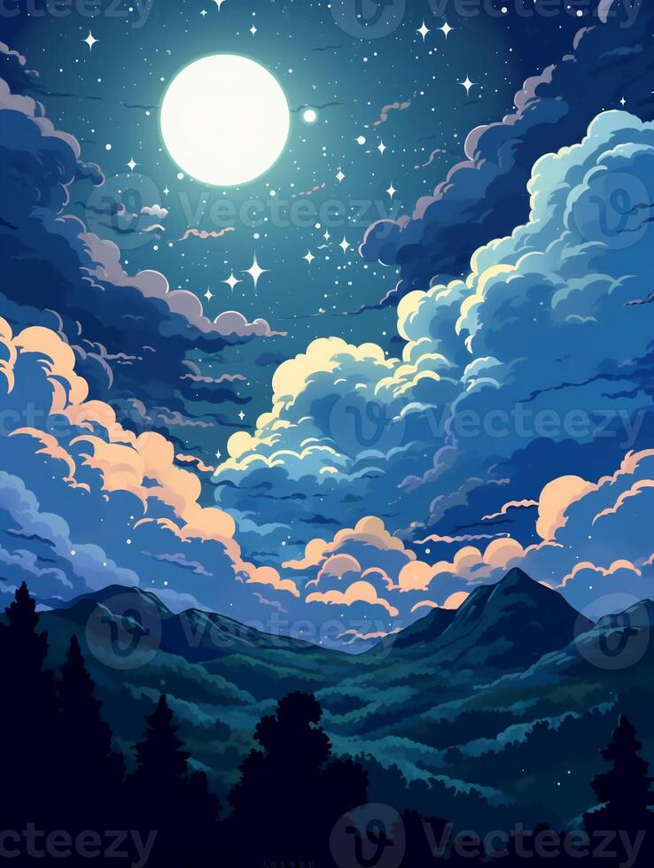 illustratie van een maanlicht nacht, met sterren fonkelend in de lucht en wolken. ai generatief foto