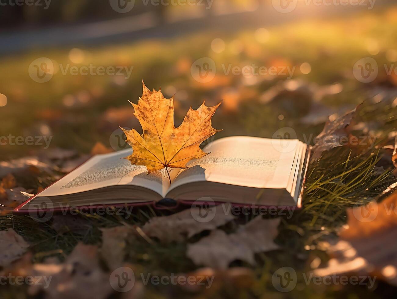 boek Aan een blad met esdoorn- boom Bij achtergrond. ai generatief foto