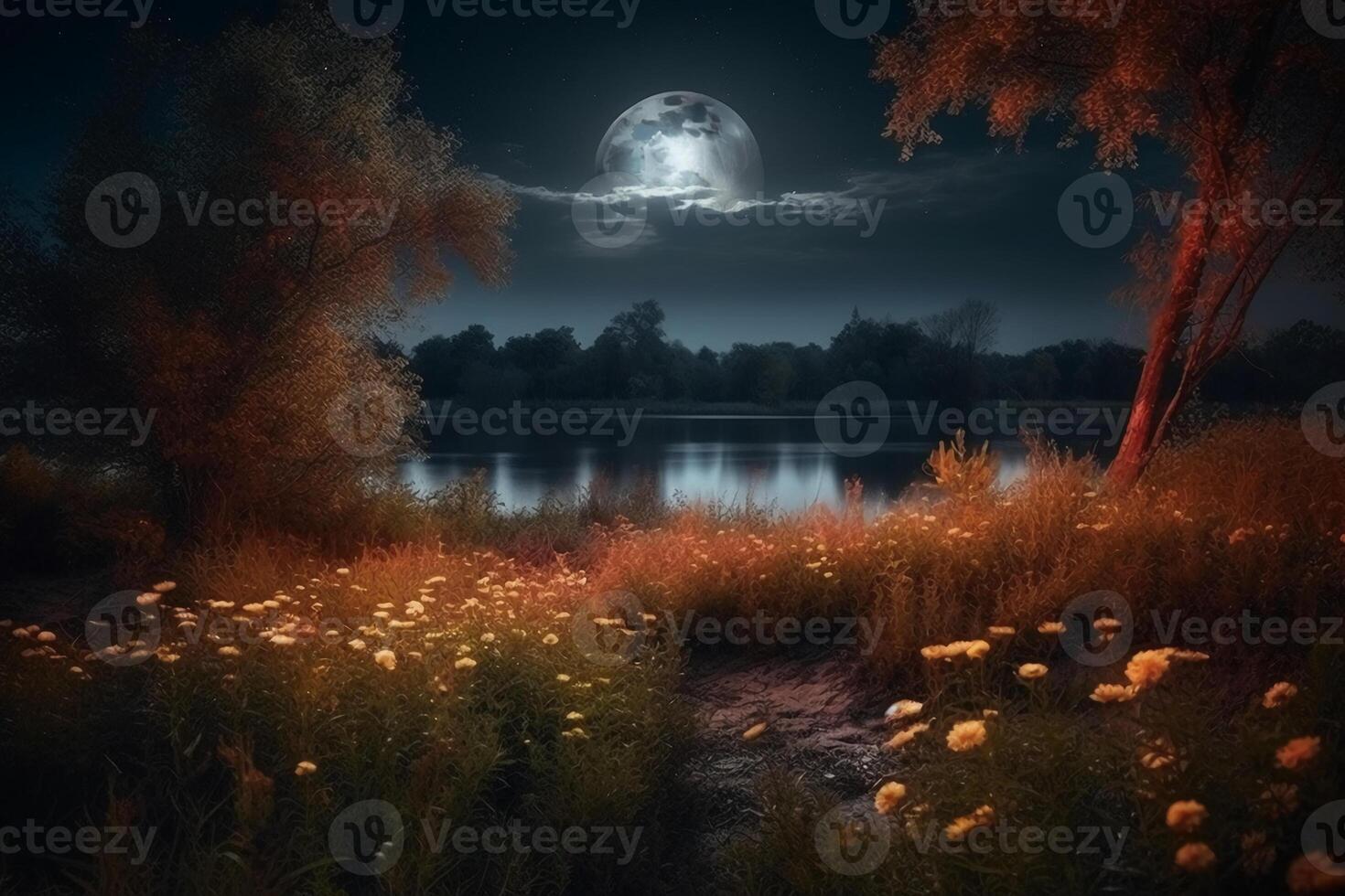 nacht landschap milieu oogst maan over- een glinsterende meer weelderig vegetatie berken hout bomen, bloemen, magisch galaxy.ai generatief foto