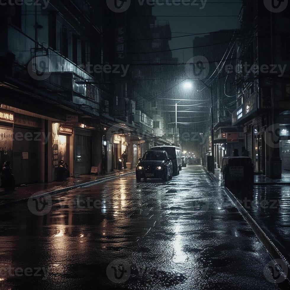 zwaar regen en donker nacht in de stedelijk. ai generatief foto