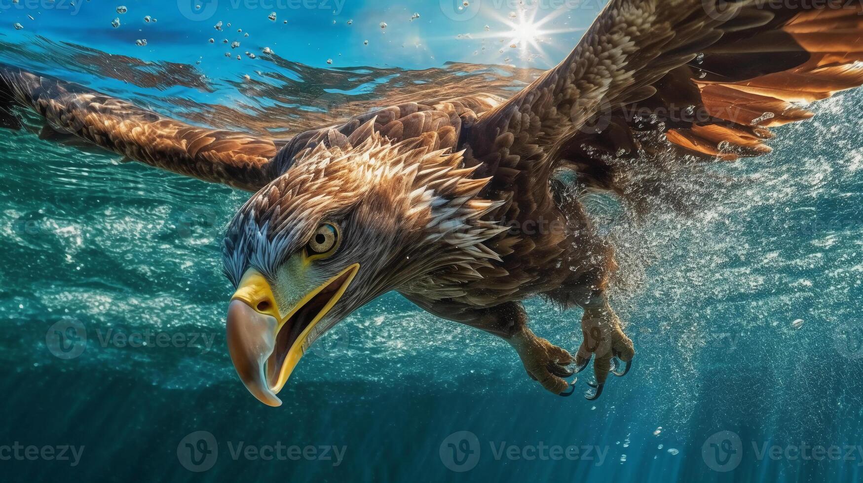 dichtbij omhoog van adelaar grijpen de vis bovenstaand blauw water. ai generatief foto