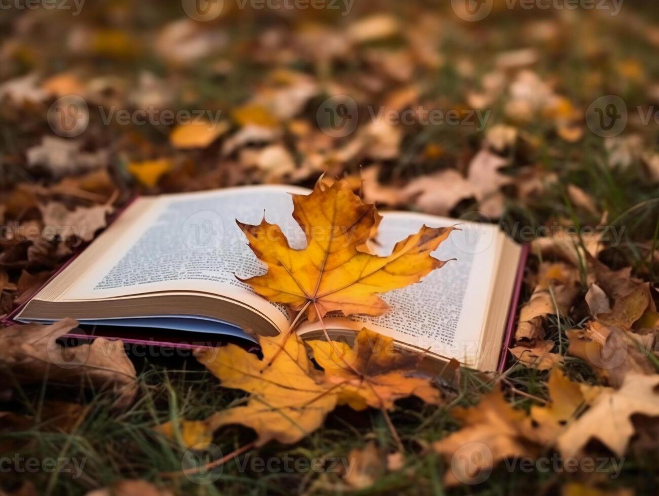 boek Aan een blad met esdoorn- boom Bij achtergrond. ai generatief foto