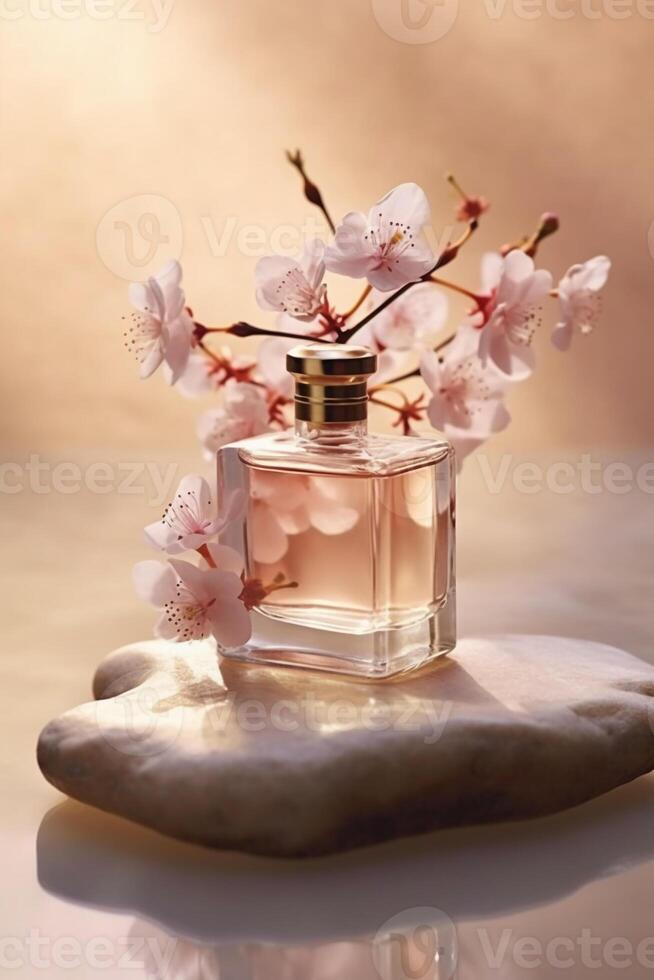 nog steeds leven fotografie, transparant parfum fles in de centrum, stenen, takken, bloemen. ai generatief foto