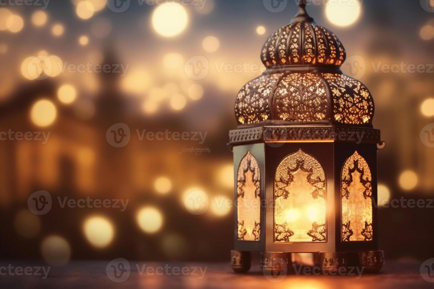 origineel traditioneel overladen oosters lantaarn met mooi bokeh van vakantie lichten en moskee in achtergrond. ai generatief foto