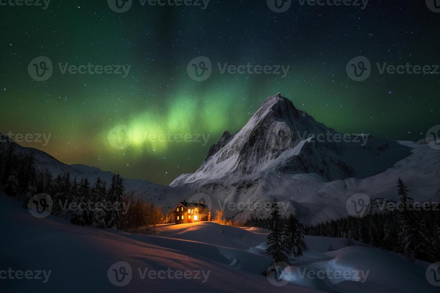 Aurora, Zwitsers Alpen, ster, sneeuw, winter. ai generatief foto